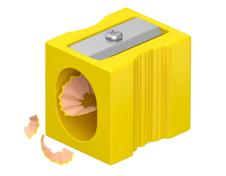 Yellow pencil sharpener with shavings isolated on black background, cube shaped, close-up shot.