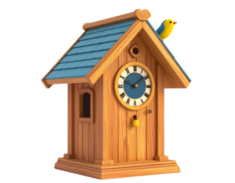 Cartoon Cuckoo clock with blue roof tiles, small window, and yellow bird perched on top, isolated on black background in a 3D render.