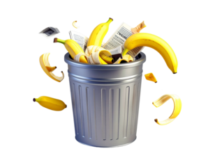 Bananas and peels inside a metallic trash can, with some pieces floating around, and paper pieces, against a black background, recycling theme, rubbish, discard.