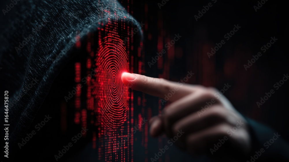 Poster close-up of a person with a finger pointing at a glowing red digital interface with abstract lines a