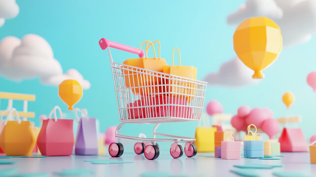 Shopping cart full of colorful bags pastel scene balloons - Powered by Adobe