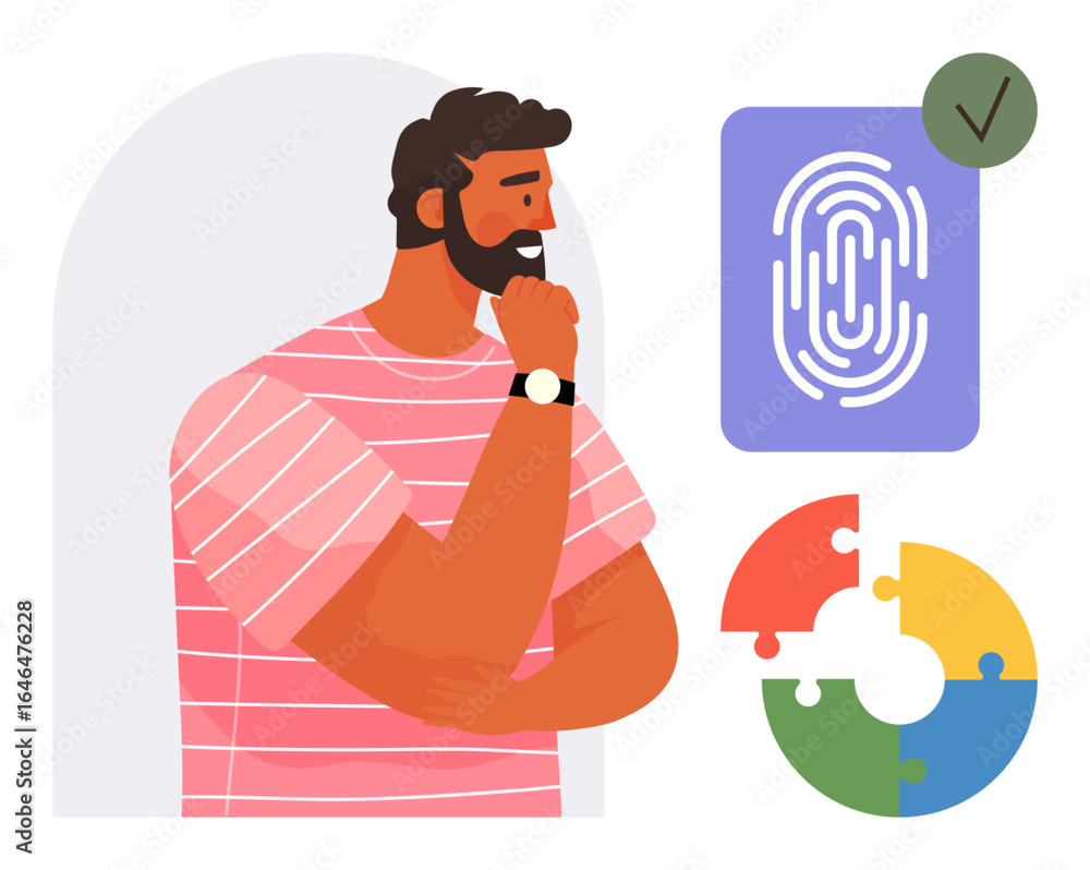 Poster man contemplating fingerprint authentication and puzzle, symbolizing security, identification, probl