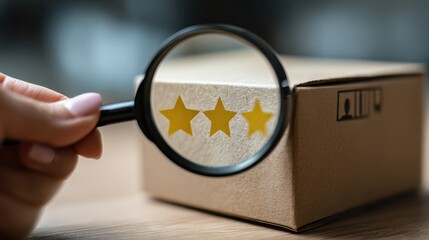 Close-up of a person's hand holding a magnifying glass over a cardboard box with a five-star rating symbol in a well-lit workspace