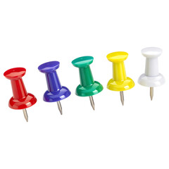 Diagonal Arrangement of Colorful Push Pins on Transparent Backdrop A Collection of Red Blue Green Yellow and White Thumbtacks for Projects