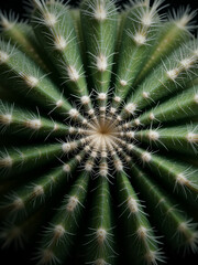 Fototapeta premium Close up overhead view of green ribbed cactus with white spines and fuzzy areoles against black background