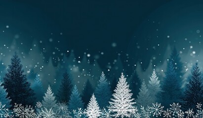Winter forest at night, snowfall.  Silhouette of dark teal/blue evergreen trees in a horizontal row.  Snowflakes and light, soft snowfall effect.  Dark teal/blue background