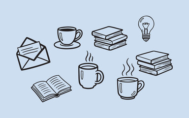 Doodle illustrations of coffee books and an envelope on a light blue background