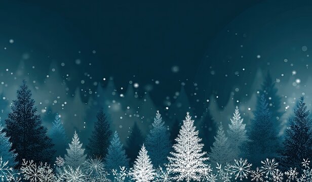 Winter forest at night, snowfall.  Silhouette of dark teal/blue evergreen trees in a horizontal row.  Snowflakes and light, soft snowfall effect.  Dark teal/blue background