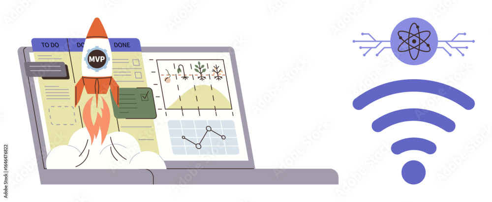Poster laptop displaying project management tools, charts, and graphs with a rocket launch visual. nearby a