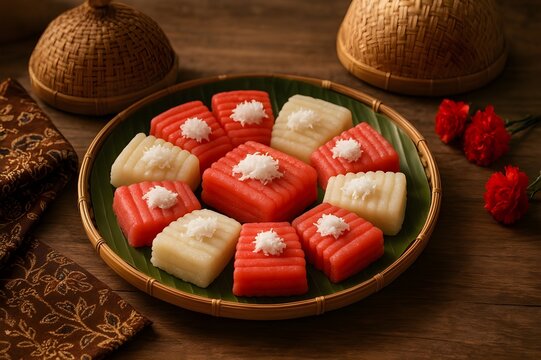 Red and white gethuk lindri, a traditional Indonesian cassava cake, styled for Independence Day celebration. Perfect for food photography, culture, and culinary themed designs.