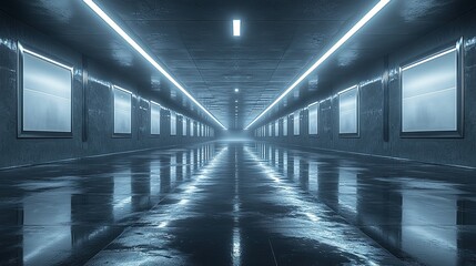 Fototapeta premium Long corridor with neon lights and reflective floor creating a futuristic scene.