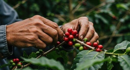 Farmer's hands harvesting ripe coffee cherries from a branch, close-up, natural light.