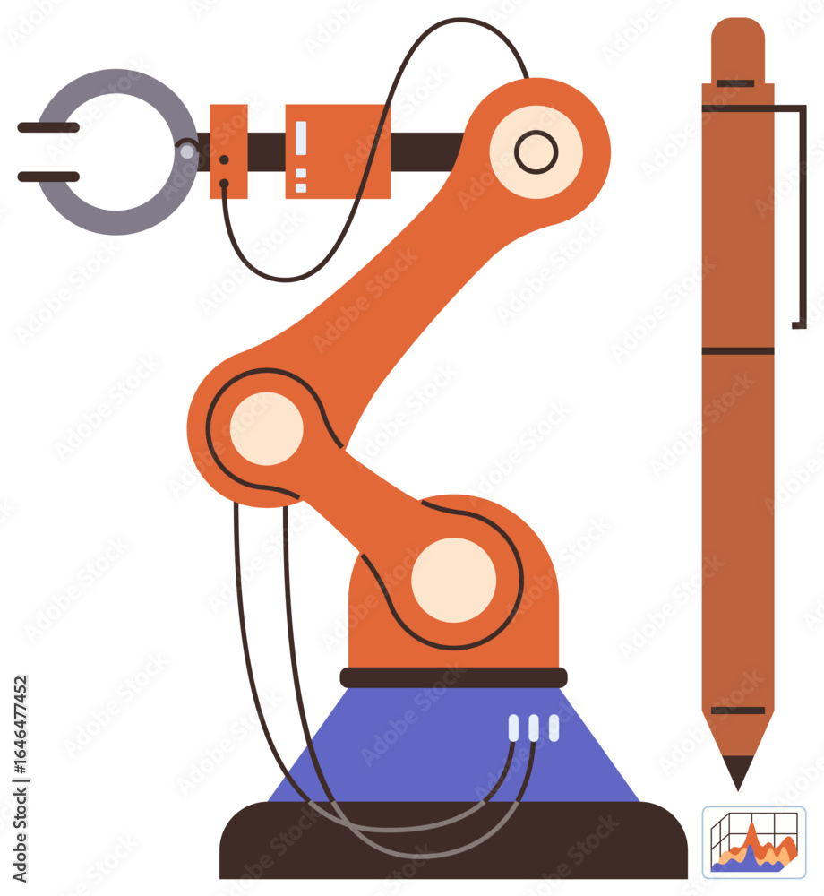 Poster robotic arm grasping mechanism paired with a stylized pen and miniature chart showcasing analytics. 