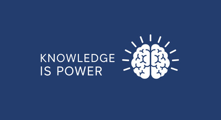 Knowledge is power. Conceptual illustration of a glowing brain icon representing intelligence, learning, ideas, and education on a blue background.