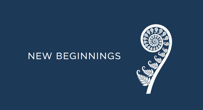 New Beginnings with unfurling fern frond koru symbol. Concept of growth, new life, and fresh start. Minimalist vector illustration on blue background.