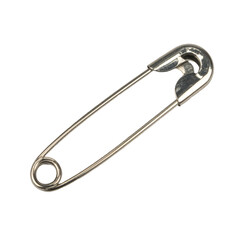 A silver metal safety pin in an open position, showing the clasp and sharp point designed for fastening fabric or other materials securely