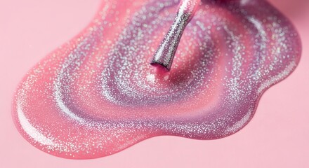 A close up shot of pink and purple glitter nail polish with a brush on a pink background surface