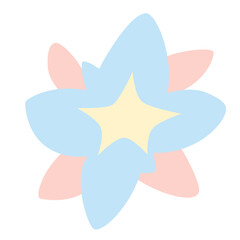 Blue flower with yellow center and pink side petals, flat 2D pastel floral decorative design for spring themes, vector illustration.