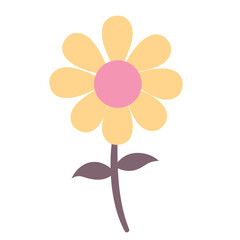 Yellow flower with pink center and brown stem isolated on white background, flat 2D pastel floral design for decoration, vector illustration.