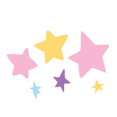 Set of pastel stars in pink, purple, and yellow isolated on white background, flat 2D decorative design, vector illustration graphic.