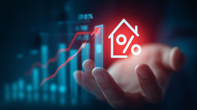 Hovering over a hand, a vibrant house icon with a clear percentage symbol is displayed, alongside animated arrows moving upwards and financial graphs showing growth, representing the concept of increa