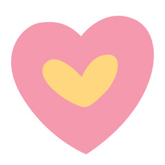 Pink heart shape with yellow inner heart isolated on white background, flat 2D design for decoration or romantic theme, vector illustration.