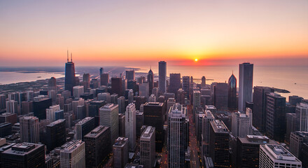 Fototapeta premium Chicago Skyline with Peach and Light Purple Sunset 3D Cityscape for Modern Wallpapers