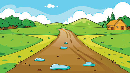 Naklejka premium Muddy village road with green hills and house cartoon