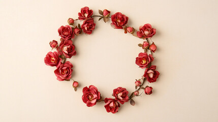 Obraz premium Red roses arranged in a circle on a beige background a lovely floral frame