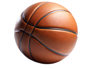 A closeup studio shot of a standard orange leather basketball with black seams, isolated on a transparent background, perfect for sports and fitness related content