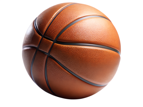 A closeup studio shot of a standard orange leather basketball with black seams, isolated on a transparent background, perfect for sports and fitness related content