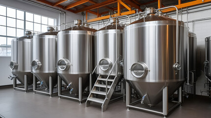 Modern Beer Factory. Small steel tanks for fermentation of beer.