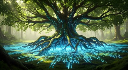 Enormous ancient tree with glowing digital roots in a mystical forest