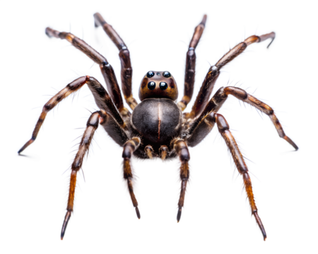 Closeup top view of a brown spider with multiple legs and eyes, isolated on transparent background, highlighting its intricate details and natural form