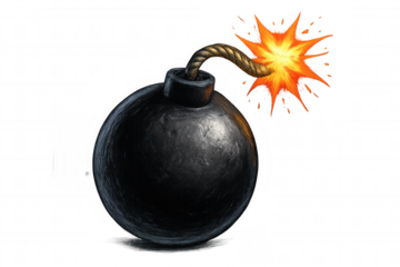 Black round bomb with lit fuse, signaling impending explosive threat against clean transparent backdrop