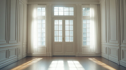 Fototapeta premium Sunlit room with white paneled walls French doors and sheer curtains hardwood floors