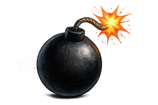 Black round bomb with lit fuse, signaling impending explosive threat against clean transparent backdrop