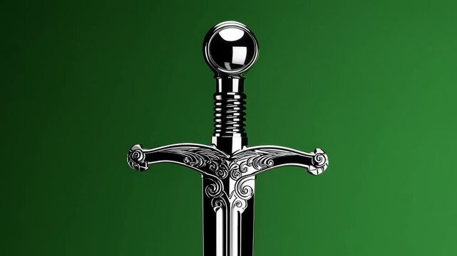 Elegant Silver Sword with Intricate Design on Green Background with ai generated