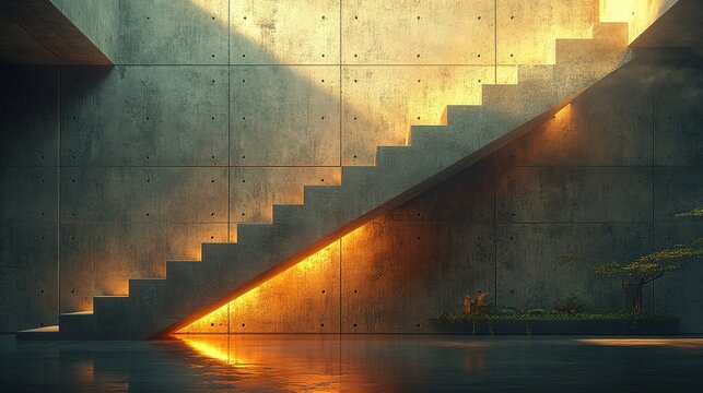 Concrete staircase with light shining through the steps creating a warm glow.
