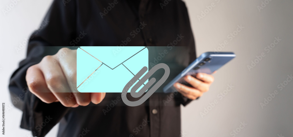 Poster business person pointing at a floating icon of an email with files