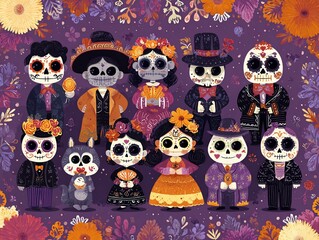 Colorful Day of the Dead Family Illustration with Pets