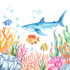 A watercolor illustration of a blue shark swimming among colorful coral reefs and three tropical fish with bubbles rising around them