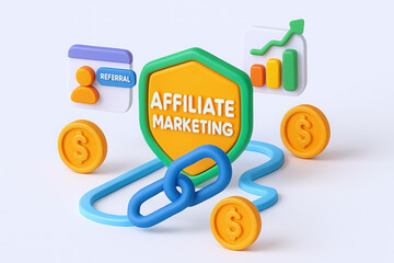 Colorful 3D illustration of affiliate marketing concepts with coins, charts, and referral icons.