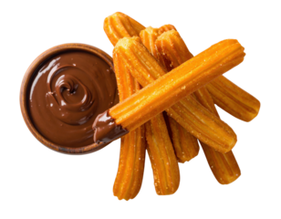 Crispy golden churros sprinkled with sugar with one dipped into a rich chocolate sauce.