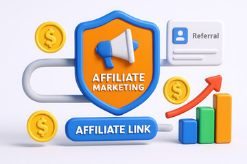 Colorful 3D illustration of affiliate marketing concepts, featuring a shield, charts, and currency symbols.
