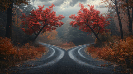 A foggy autumn road forks between two vibrant red trees leading to an unknown destination a scene of nature and decision