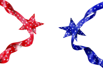 Red and Blue Star Pattern Ribbons Formed into Stars on White Background, cut out transparent