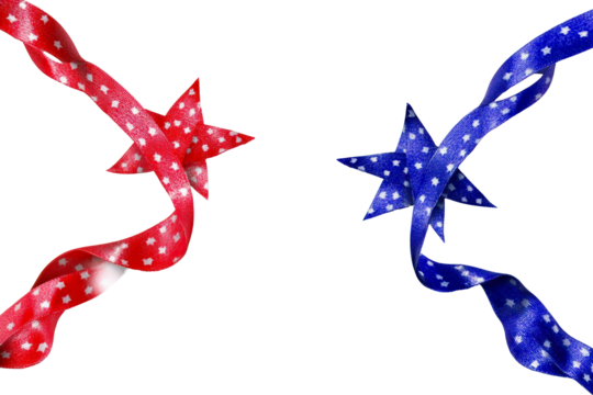 Red and Blue Star Pattern Ribbons Formed into Stars on White Background, cut out transparent