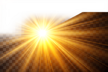 A bright golden sunburst with radiating rays of light, creating a warm and energetic glow, suggesting power, hope, and optimism against a dark, textured background isolated on transparent background