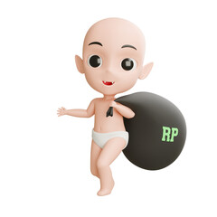 Cartoon bald baby holding money sack with “RP” currency mark, 3D style, isolated on white background, concept of savings and prosperity.
